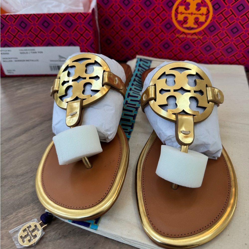 Tory Burch Gold Miller Mirror Metallic Sandals, size 10.5
